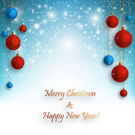Christmas background with Red and Blue christmas balls and snow for xmas design. New Year background. Vector illustration.のイラスト素材