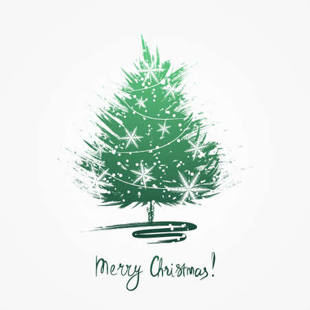 Christmas greeting card with Christmas tree sketch. Grunge Christmas tree with snowflakesのイラスト素材