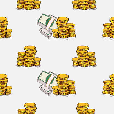 A Seamless pattern. Money hand drawing elements. Cartoon doodle styleのイラスト素材