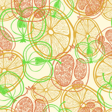Seamless pattern with doodle juicy fruits. Apple, orange , pomegranate fruitのイラスト素材