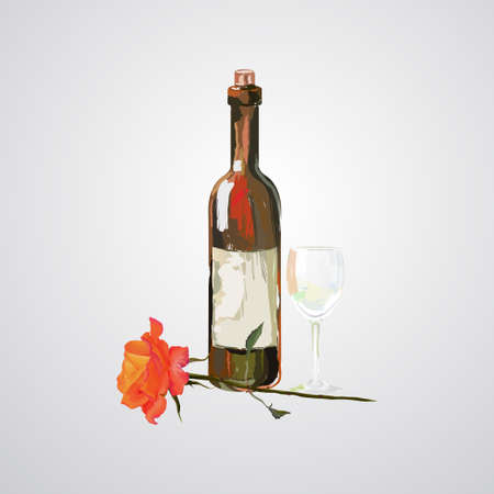Hand drawn illustration of bottle and glass of wine and rose flower.のイラスト素材