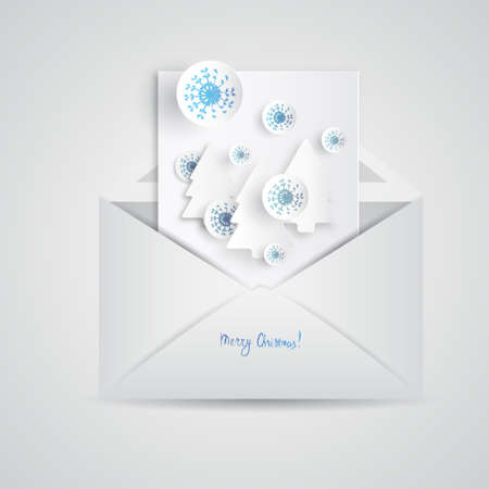 Christmas card with paper snowflakes and Christmas trees inside open envelope. Paper elements in blue style. Holiday greeting card.のイラスト素材