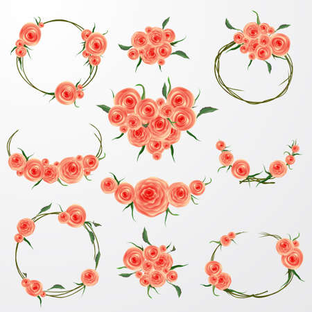 Floral frame collection. Set of pink rose flowers with leaves perfect for wedding invitations and birthday cardsのイラスト素材