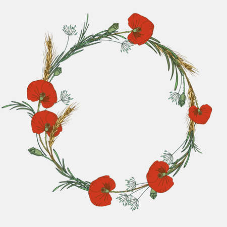 Wreath of wild flowers. Hand drawn elementsのイラスト素材