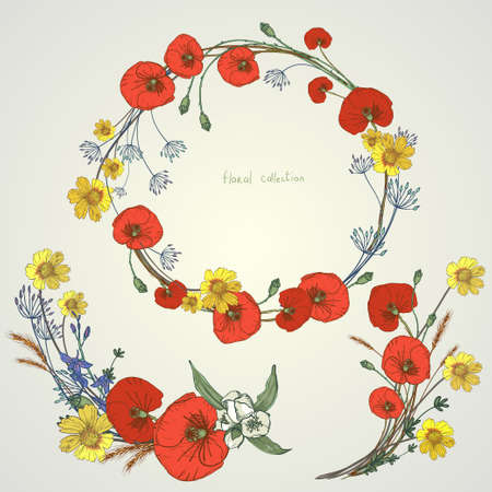 Wreath of wild flowers. Hand drawn elementsのイラスト素材
