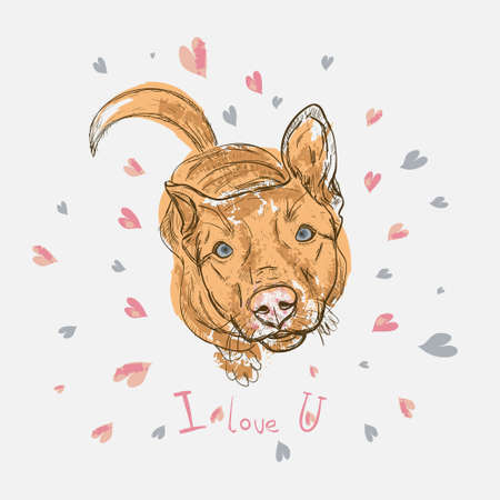 Dog sitting on background with hearts. Vector illustration Sketch styleのイラスト素材