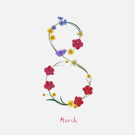 8 March. Happy Women's Day. The figure eight braided flowers. Spring holiday. Card design with hand drawn floral ornament. Colorful background with blossomVector illustrationのイラスト素材