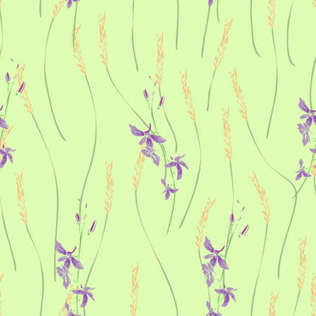 Vector seamless pattern with red poppies, white daisies, blue cornflowers and ears of wheat on a green background.のイラスト素材