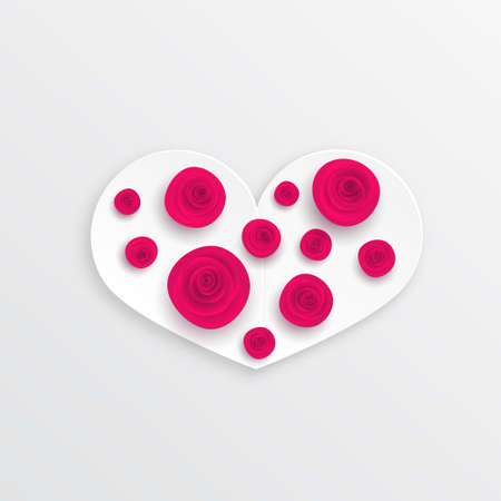 Paper heart Valentines day card on white background. Vector abstract background with heart. Paper heart cut from paper with rosesのイラスト素材