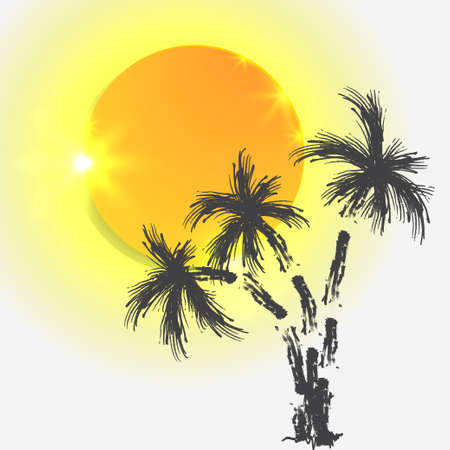 Silhouette of palm trees with sun on the island isolated on white background.のイラスト素材