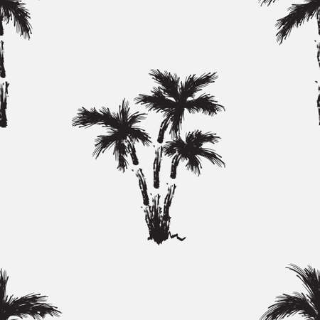 Black vector palm trees isolated on white background. Hand drawn seamless pattern.のイラスト素材