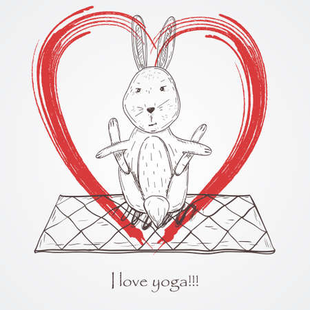 Cute hare in yoga pose with text 'i love youga!!!'. Vector illustration in doodle styleのイラスト素材