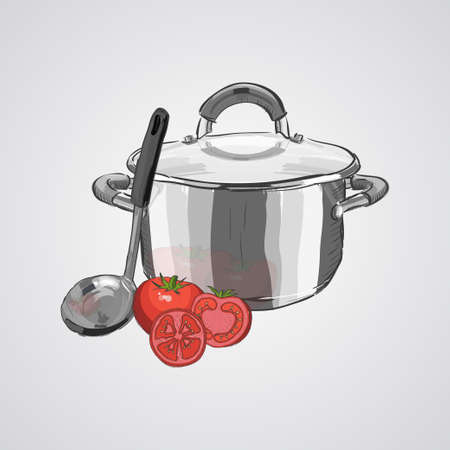 Stainless steel pan and ladle with tomatoes isolated on white background doodle style.のイラスト素材