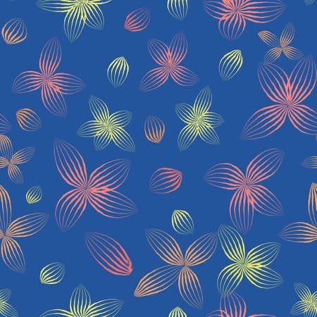 Seamless floral background. Pink and yellow flowers on a blue backgroundのイラスト素材