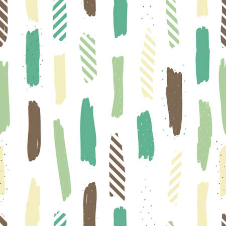 Seamless repeating pattern with brush strokes in pastel brown, green and dots texture on white background. Creative and modern tiling background, poster, textile, greeting card design.のイラスト素材