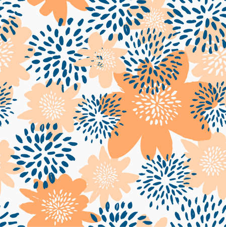 Seamless repeat pattern with flowers in blue and pastel orange on white background. Hand drawn fabric, gift wrap, wall art design.のイラスト素材