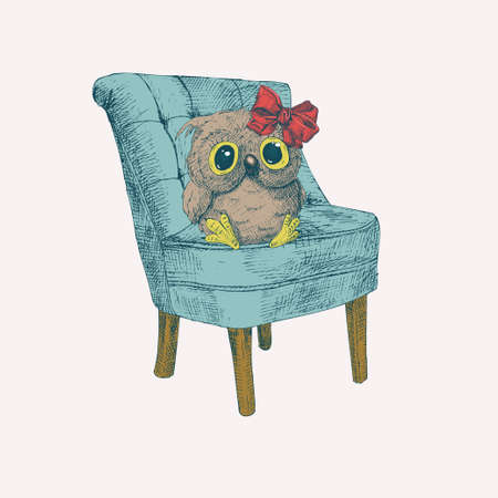 Cute owl with a bow sitting on easychair.Cute owl with a bow sitting on easychair. Sketch. Hand drawnのイラスト素材