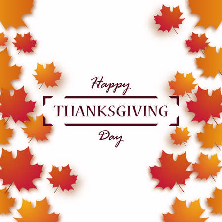 Thanksgiving Day. Happy Thanksgiving holiday design with bright autumn leaves and greeting textのイラスト素材
