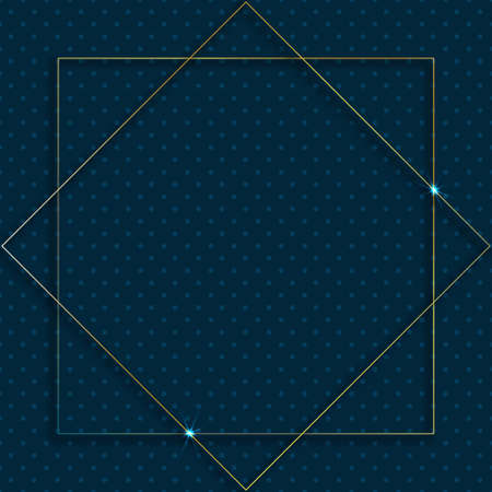 Vector golden frame with lights effects. Shining rectangle banner. Isolated on dark blue background. Vector illustrationのイラスト素材