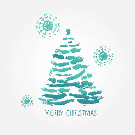 Christmas tree. Card design with a hand drawn blue Christmas tree with snowflakes and Merry Christmas text.のイラスト素材