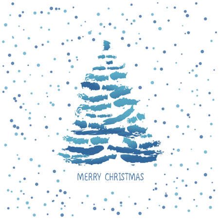 Christmas tree. Card design with a hand drawn blue Christmas tree with snowflakes and Merry Christmas text.のイラスト素材