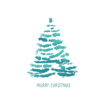Christmas tree. Card design with a hand drawn blue Christmas tree with snowflakes and Merry Christmas text.のイラスト素材