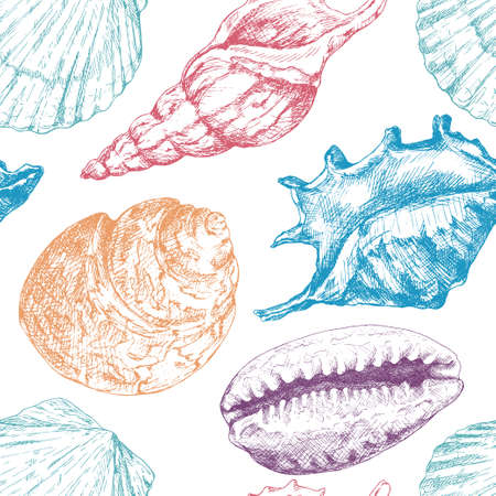 Hand drawn vector illustrations - seamless pattern of seashells. Marine background. Perfect for invitations, greeting cards, posters, prints, banners, flyers etcのイラスト素材