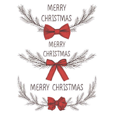 Christmas wreath set. Vector image of a Christmas wreath with a bow, a wreath of fir. Merry Christmas inscription in the center. Christmas mood. Hand drawn illustrationのイラスト素材