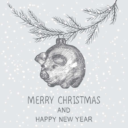 Merry Cristmas hand drawn card. New year pig with a Christmas tree and snow. Sketchのイラスト素材