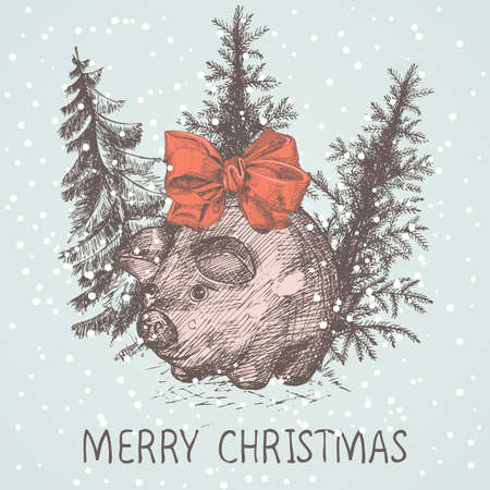 Merry Cristmas hand drawn card. New year pig with a bow, Chritmas tree and snow. Sketchのイラスト素材