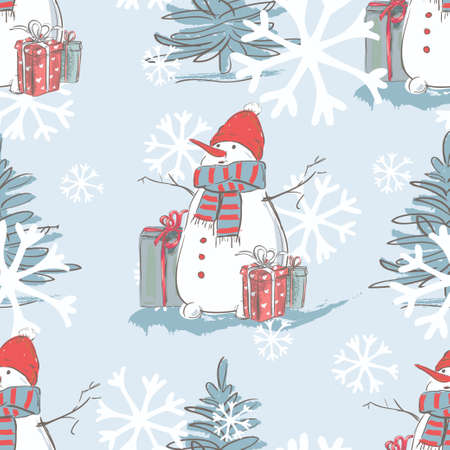 Christmas seamless pattern with snowman, fir trees,gifts and snowflakes. Winter greetings, Christmas and New Year greeting cards. Doodleのイラスト素材
