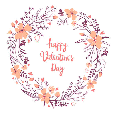 Floral wreath. Valentine`s Day Callygraphic Wreath - hand drawn Vector illustration. Happy Valentine's Dayのイラスト素材