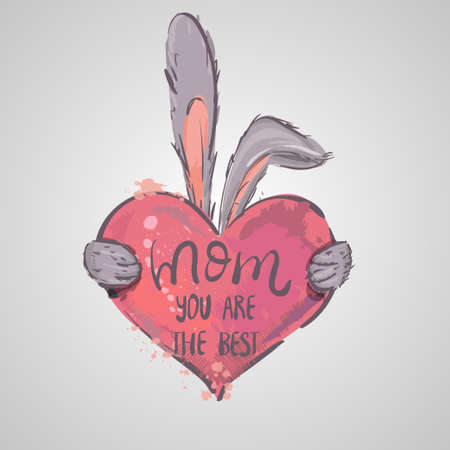 Mother's Day greeting card. Rabbit holding heart. Mom you are the best. I love you mom. Vector illustrationのイラスト素材