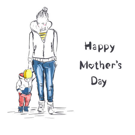 Beautiful mother silhouette with her baby. Happy Mothers Day.のイラスト素材