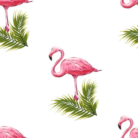Flamingo seamless pattern. Pink flamingos, exotic birds, tropical palm leaves, trees, jungle leaves seamless vector floral patternのイラスト素材