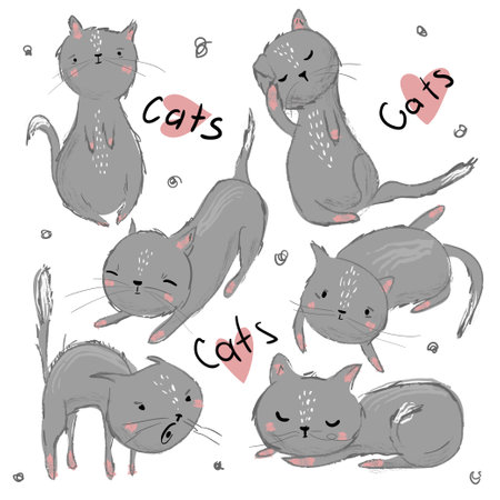 Set of illustrations with cats. Funny grey catsのイラスト素材