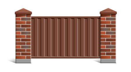 Fence with brick pillars and metal profile.のイラスト素材