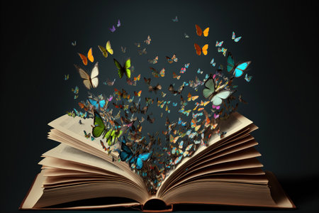 An open book with butterflies coming out of it. Generative AI.の素材
