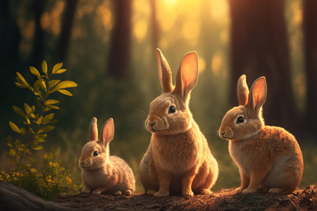 Cute bunnies family in a forest. Generative AI.の素材