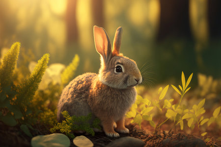 Cute little bunny in a forest. Generative AI.の素材