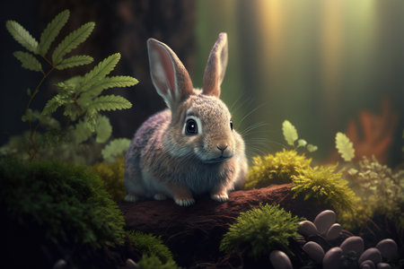 Cute little bunny in a forest. Generative AI.の素材