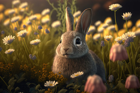 Cute little bunny in a field of flowers. Generative AI.の素材