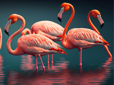 Flock of Pink Caribbean flamingos in water. Generative AI.の素材