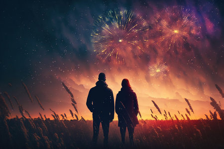 Man and woman watching an impressive fireworks. Generative AI.の素材
