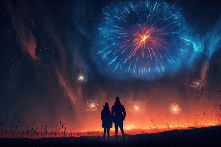 Man and woman watching an impressive fireworks. Generative AI.の素材