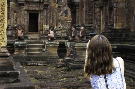 Siem Reap city, Cambodia ? August 6th 2016: BANTEAY SREI, located in the area of ??Angkor of Siem Reap city, which is extremely popular with tourists. Tourists love taking pictures for its beauty.の写真素材