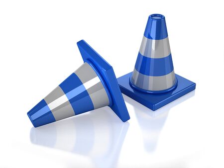 Two 3D blue stripped cones with white backgroundの写真素材
