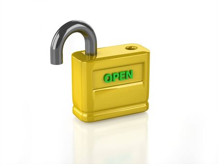 3D gold open lock with white backgroundの写真素材