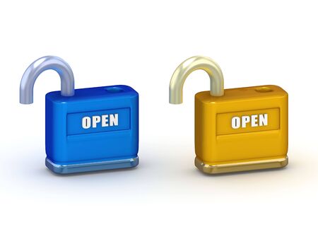 Illustration of blue and gold opened 3d padlocks isolated on whiteの写真素材