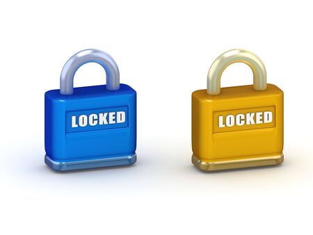 Illustration of blue and gold closed 3d padlocks isolated on whiteの写真素材